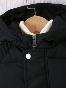 Young Boy Solid Color Casual Thick Long Sleeve Jacket For Everyday, Autumn/Winter - Black - View 3