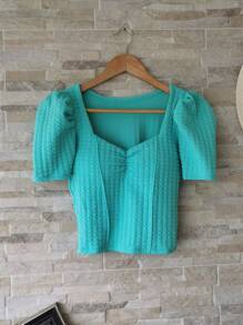 Princess Sleeve Crop Top With Crepe Padding - Màu xanh Bạc hà - Xem 2