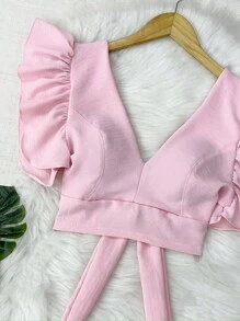 Cropped Blouse With Padding And Tied At The Back, Women's Fashion - Baby Pink - View 2