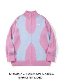 Áo len dệt kim họa tiết hỗn hợp nhiều màu phong cách cổ điển rộng rãi cho nam, cổ cao, vai trễ, khóa kéo, tay dài, mùa thu/đông - Hồng - Xem 1