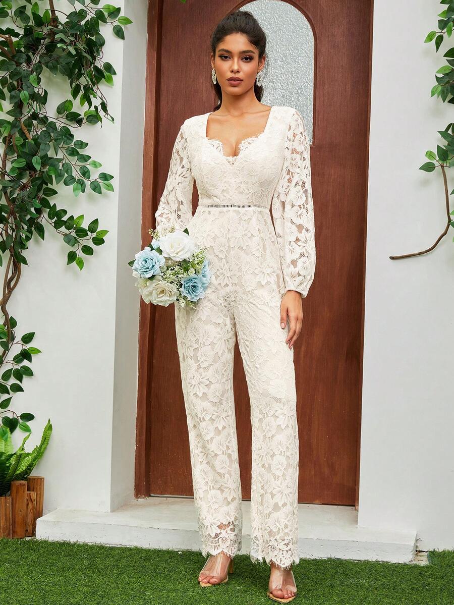 女士新娘婚礼其他服装连衣裙长袖高腰 V 领优雅蕾丝连体裤