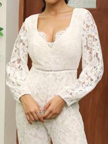 女士新娘婚礼其他服装连衣裙长袖高腰 V 领优雅蕾丝连体裤