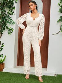 女士新娘婚礼其他服装连衣裙长袖高腰 V 领优雅蕾丝连体裤