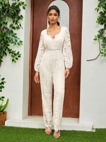 女士新娘婚礼其他服装连衣裙长袖高腰 V 领优雅蕾丝连体裤