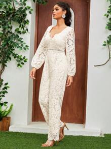 女士新娘婚礼其他服装连衣裙长袖高腰 V 领优雅蕾丝连体裤