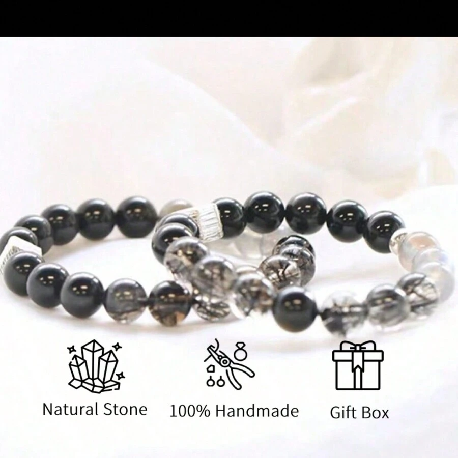 男士珠寶，天然水晶石，時尚禮物，925純銀，黑曜石，金曜石，黑曜毛晶，石珠彈性手繩10mm能量石手鍊，送男士父親的禮物 - 手鍊 - 查看 1