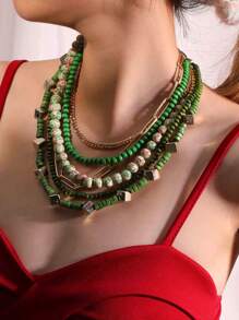 قلادة خرزية خضراء متعددة الطبقات قطعة واحدة، مناسبة للنساء في عيد الميلاد واللبس اليومي - أخضر - مشاهدة 2