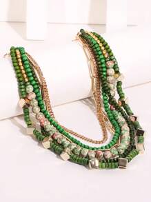 قلادة خرزية خضراء متعددة الطبقات قطعة واحدة، مناسبة للنساء في عيد الميلاد واللبس اليومي - أخضر - مشاهدة 1