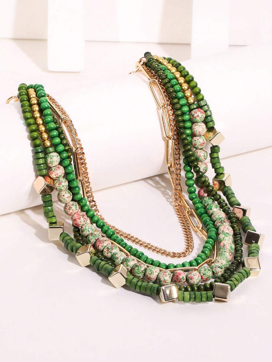 قلادة خرزية خضراء متعددة الطبقات قطعة واحدة، مناسبة للنساء في عيد الميلاد واللبس اليومي - أخضر - مشاهدة 1