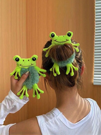 1pc/2pcs Women Cute Cartoon Big-Eyed Green Frog Plush Hair Scrunchies, Funny Hair Ties For Ponytail, Buns, Daily Outfit Styling, Autumn/Winter Scrunchy Hair Ties