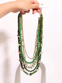 قلادة خرزية خضراء متعددة الطبقات قطعة واحدة، مناسبة للنساء في عيد الميلاد واللبس اليومي - أخضر - مشاهدة 3