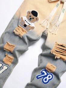 Men Bear & Letter Patched Ripped Slim Straight Jeans - Light Wash - View 3