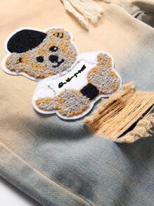 Men Bear & Letter Patched Ripped Slim Straight Jeans - Light Wash - View 4