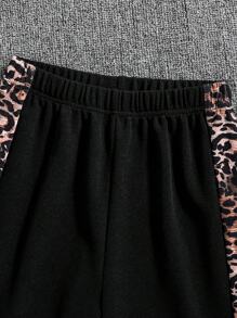 3 件/套青少年女孩时尚服装：心形和豹纹印花短袖 T 恤和豹纹拼色拉链连帽衫夹克和豹纹侧条纹松紧腰裤，舒适柔软的运动休闲套装，适合青少年女孩户外、度假和日常穿着 - 黑色 - 查看 6