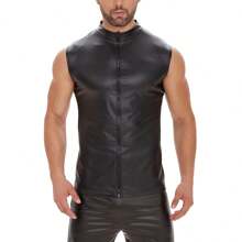 Plus Size Men Shiny Leather Tank Top Soft Matte Leather T-Shirts Sleeveless Male High Elastic Full Zipper Shaping Vest