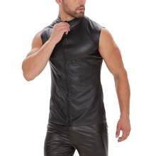 Plus Size Men Shiny Leather Tank Top Soft Matte Leather T-Shirts Sleeveless Male High Elastic Full Zipper Shaping Vest