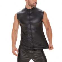Plus Size Men Shiny Leather Tank Top Soft Matte Leather T-Shirts Sleeveless Male High Elastic Full Zipper Shaping Vest
