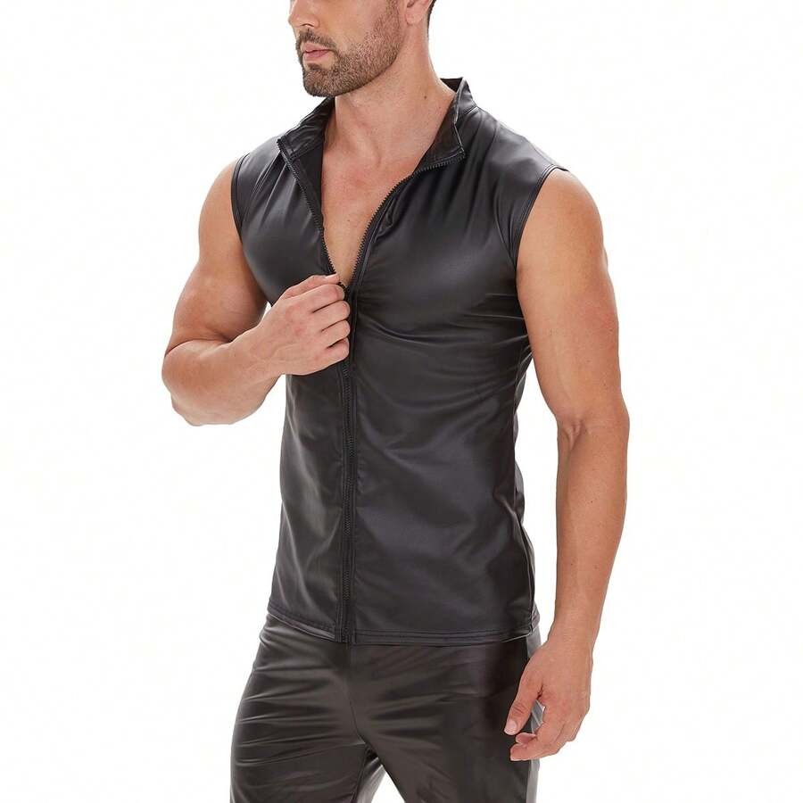 Plus Size Men Shiny Leather Tank Top Soft Matte Leather T-Shirts Sleeveless Male High Elastic Full Zipper Shaping Vest