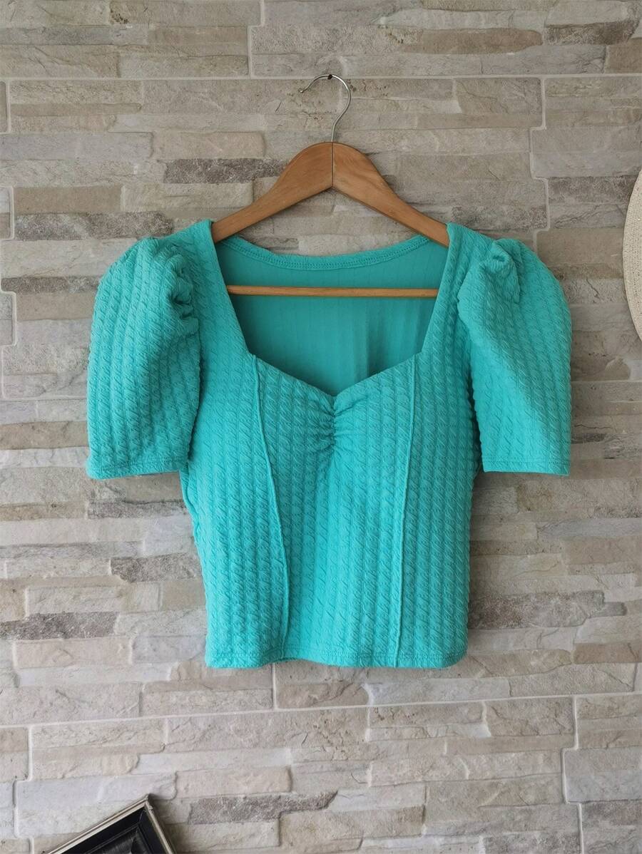 Princess Sleeve Crop Top With Crepe Padding - Màu xanh Bạc hà - Xem 1