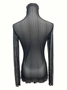 2024 Sommer Neues Damen-Unterhemd mit halbem Rollkragen und Spitze, sexy, reines, gekräuseltes, durchsichtiges schwarzes Netz-Unterhemd