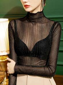 2024 Sommer Neues Damen-Unterhemd mit halbem Rollkragen und Spitze, sexy, reines, gekräuseltes, durchsichtiges schwarzes Netz-Unterhemd