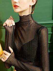 2024 Sommer Neues Damen-Unterhemd mit halbem Rollkragen und Spitze, sexy, reines, gekräuseltes, durchsichtiges schwarzes Netz-Unterhemd