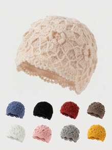 1pc Women's Fashion Hollow-Out Solid Color Lace Trim Handmade Crochet Knit Beanie Hat, Suitable For Autumn/Winter Warmth And Daily Wear - Multicolor - View 1