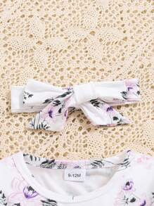 Baby Girl Floral Print Smock Shirt And Solid Color Pants, Autumn/Winter - Purple - View 5