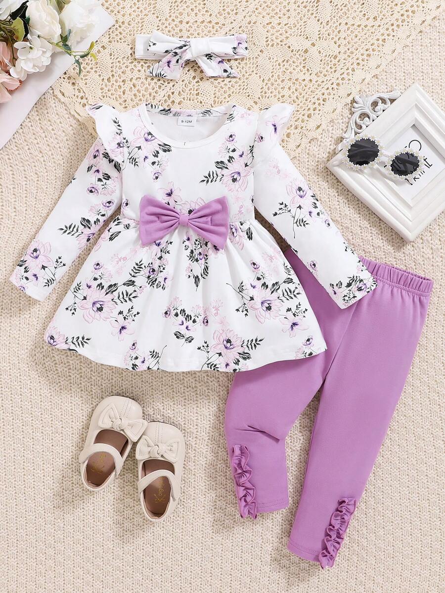 Baby Girl Floral Print Smock Shirt And Solid Color Pants, Autumn/Winter - Purple - View 1