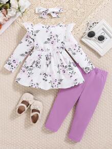 Baby Girl Floral Print Smock Shirt And Solid Color Pants, Autumn/Winter - Purple - View 2