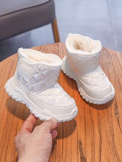 1pair Infant Baby Boots, Solid Color Fleece Soft Sole Anti-Slip Warm With Hook And Loop Closure, Winter Snow Boots