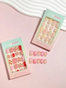 VV MEI JIA ER 5 Gói (120 chiếc - Dâu tây/Cầu vồng/Trái tim/Kiểu Pháp/Động vật) Móng giả acrylic dán dễ thương, kích thước nhỏ dành cho trẻ em, che phủ toàn bộ, hình bầu dục ngắn, phù hợp cho bé gái, quà tặng trang trí móng tay, bao gồm 5 băng dính móng và 5 dũa móng. - Nhiều màu - Xem 4