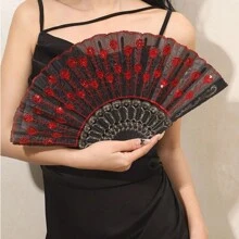 Kit 12 Luxury Sequin Foldable Printed Fabric Fan With Shiny Decoration For Waving - 12 cái màu trắng ngẫu nhiên - Xem 2