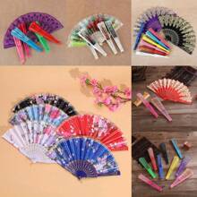 Kit 12 Luxury Sequin Foldable Printed Fabric Fan With Shiny Decoration For Waving - 12 cái màu trắng ngẫu nhiên - Xem 3