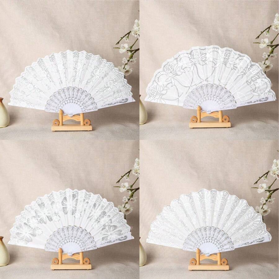 Kit 12 Luxury Sequin Foldable Printed Fabric Fan With Shiny Decoration For Waving - 12 cái màu trắng ngẫu nhiên - Xem 1