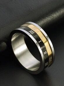 Hipoem 1pc Rotatable 2-In-1 Titanium Steel Ring, Stylish Roman Numerals Wheel Decompresses Multi-Functional Mechanical Ring For Men - Multicolor - View 2