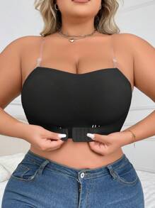 大码女士无缝无肩带胸罩无线聚拢文胸带可拆卸肩带前扣式胸罩 - 黑色 - 查看 6