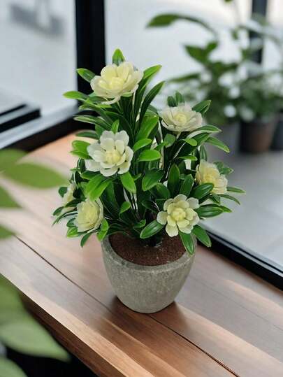 1pc 15cm Artificial Plastic Rose Flower Decor, Miniature Potted Plant Ornament For Home, Living Room