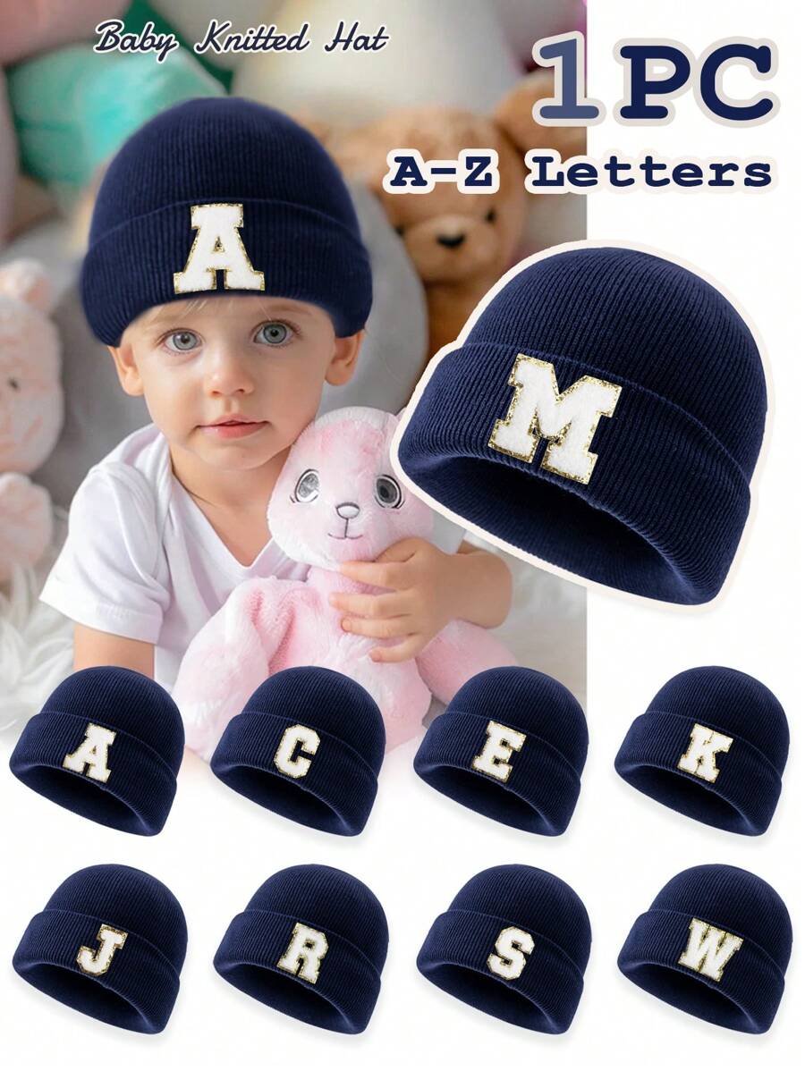 1pc Children's Letter Knitted Hat, Male And Female Children Go Out In Autumn And Winter To Keep Warm, Suitable For 3-8 Years Old Children To Go To School - Navy Blue - View 1