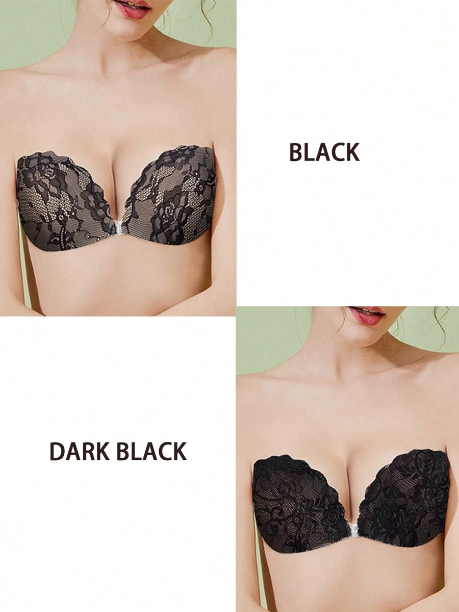 1pc Skin-Colored Lace Stick-On Invisible Push-Up Strapless Bra, Randomly Comes With Transparent Shoulder Straps For Rave - Black - View 1