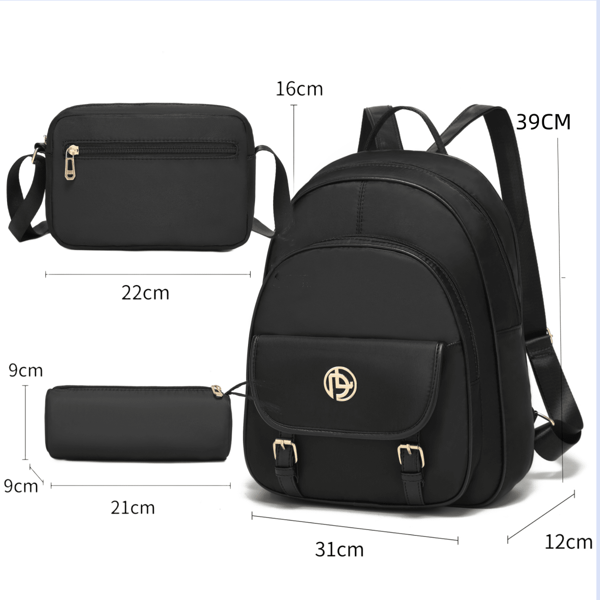 DIOSA LUNA Conjunto de mochila y bolso para mujer, 3 piezas de mochilas, conjunto de mochila escolar para mujer, negro puro, conjuntos de bolsas para estudiantes con estuche para lápices