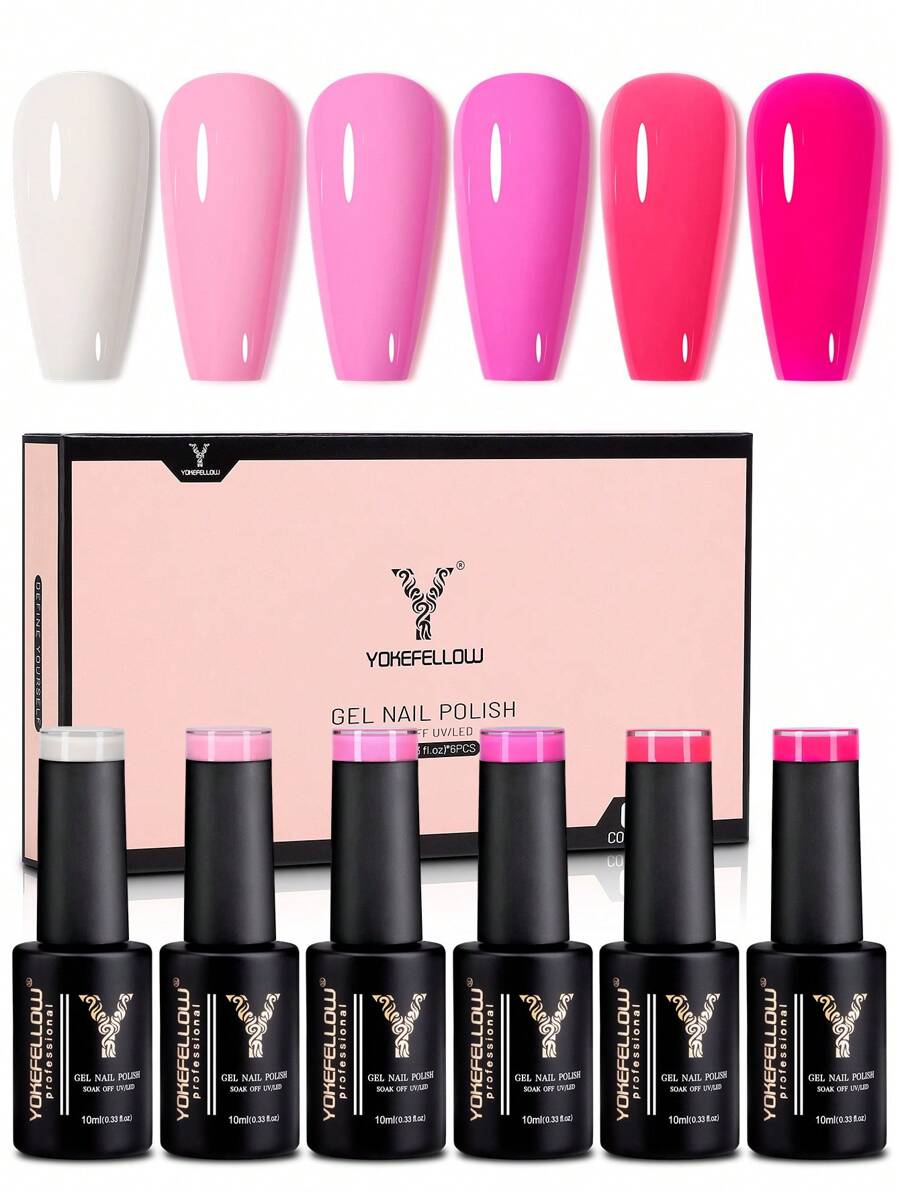 6 Color YOKEFELLOW 10ML Mothers' Day Pink Nails Semi Permanent Summer Nails Gel Polish Set Soak Off UV LED Nail Art Tools For Home&Salon Nail Art DIY& Mothers' Day Gift