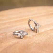 Does Not Darken Cross  Hoop Earring Studded In Stainless Steel Gold Silver Antiallergic - 1 銀對 - 查看 4