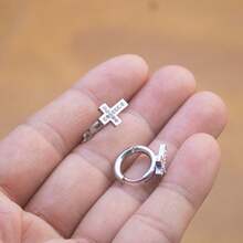 Does Not Darken Cross  Hoop Earring Studded In Stainless Steel Gold Silver Antiallergic - 1 銀對 - 查看 3