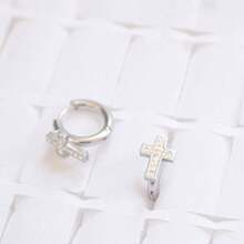 Does Not Darken Cross  Hoop Earring Studded In Stainless Steel Gold Silver Antiallergic - 1 銀對 - 查看 2