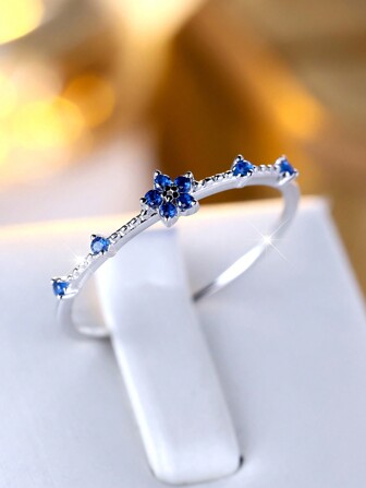 1pc Unique Petite Silver-Tone Blue Flower Ring, Birthday Gift For Women & Girls, Date/Party Jewelry Valentines
