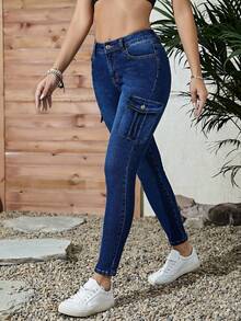 休闲、时尚、多口袋海军蓝女式牛仔裤 - 寶藍色 - 查看 5