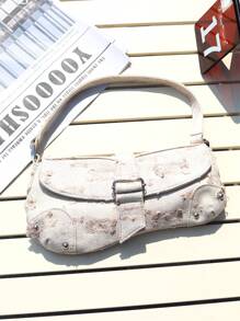 Women Denim Distressed Asymmetric Shoulder Bag, Studded Street Style Tote Handbag, Y2K Denim Underarm Bag, Suitable For Dating, Casual, Fashion Party, Travel, School, Holiday Gift