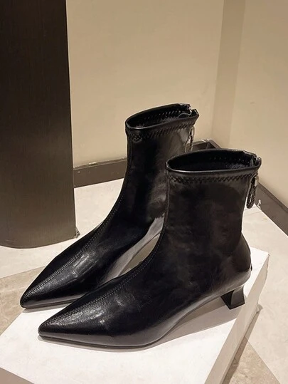 Fall/Winter Women's Black Pointed Toe Short Boots 2024 New Autumn Boots Women Boots Low Heel Short Tube Boots Skinny Boots Plus Size Fashion Glossy High Heel Shoes,Kitten Heels