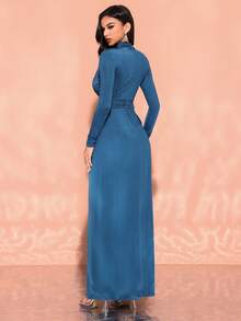 Women's Handmade 3D Floral High Slit Cocktail Party Dress With Puff Sleeves, Wedding Guest Dress, Formal Dress, Evening Dress,Gown - Teal Blue - View 2